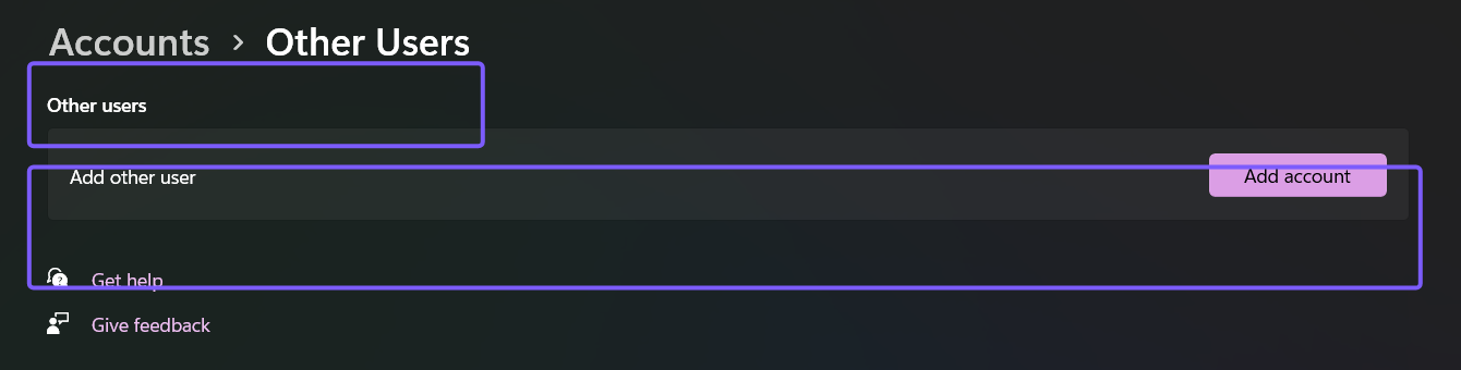 Windows 11 Accounts Other users page with the management card highlighted in purple