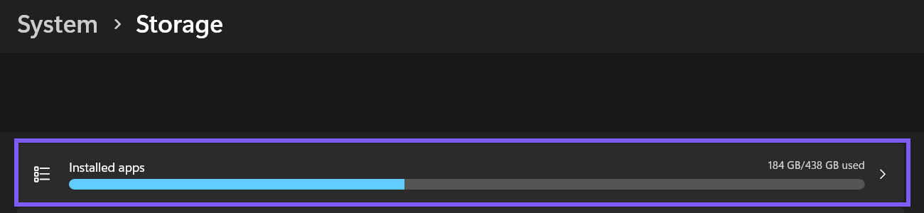 Windows 11 System Storage page with the Installed apps usage category outlined in WinSides purple