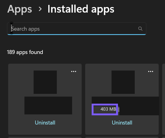 Windows 11 Installed apps page with one reported app size outlined in WinSides purple and app identities redacted