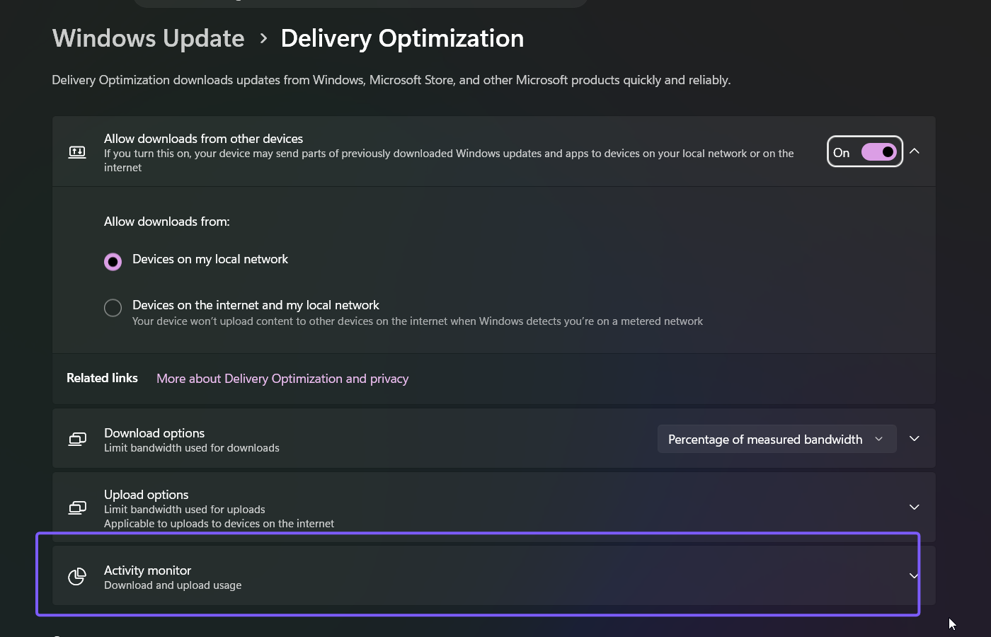 Windows 11 Delivery Optimization page with the Activity monitor card outlined in purple