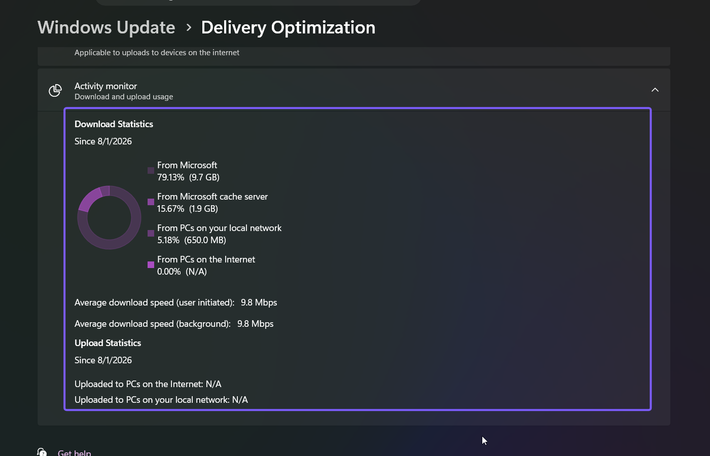 Windows 11 Delivery Optimization Activity monitor statistics outlined in purple