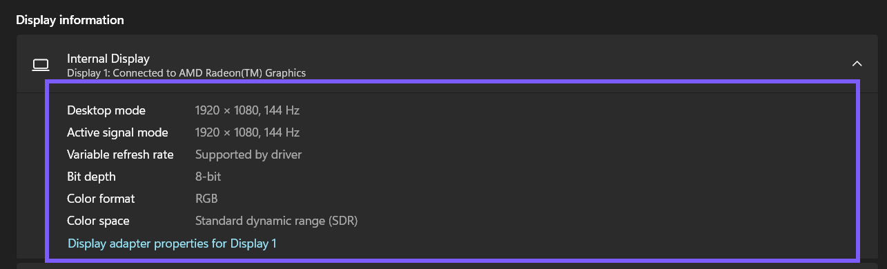 Windows 11 Advanced display information showing desktop mode, active signal mode, variable refresh rate, bit depth, color format, and color space outlined in WinSides purple