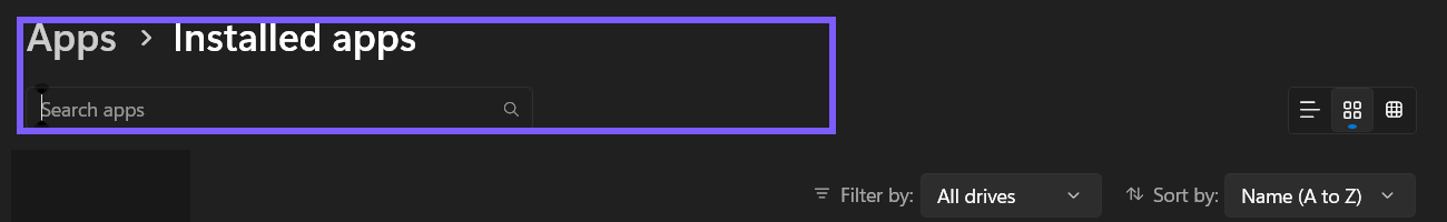 Windows 11 Apps Installed apps page and search field outlined in WinSides purple with the device-specific app count redacted