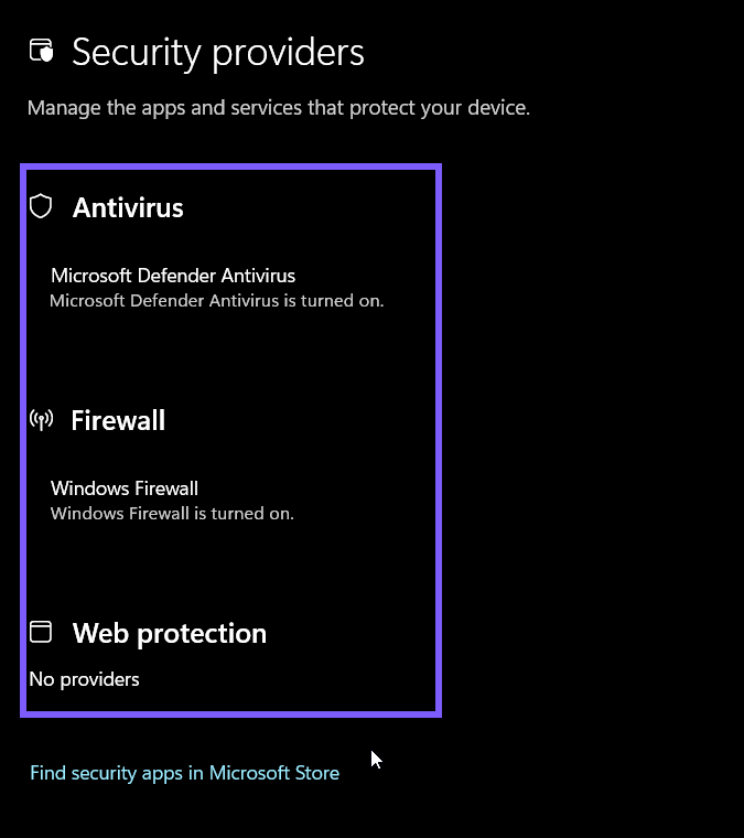 Windows 11 Security providers page showing Microsoft Defender Antivirus, Windows Firewall, and no web protection provider outlined in WinSides purple