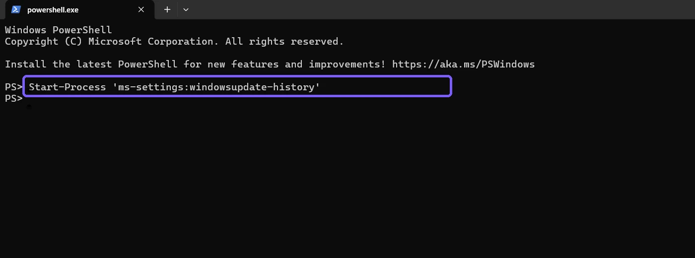 PowerShell showing the Windows Update history Settings URI