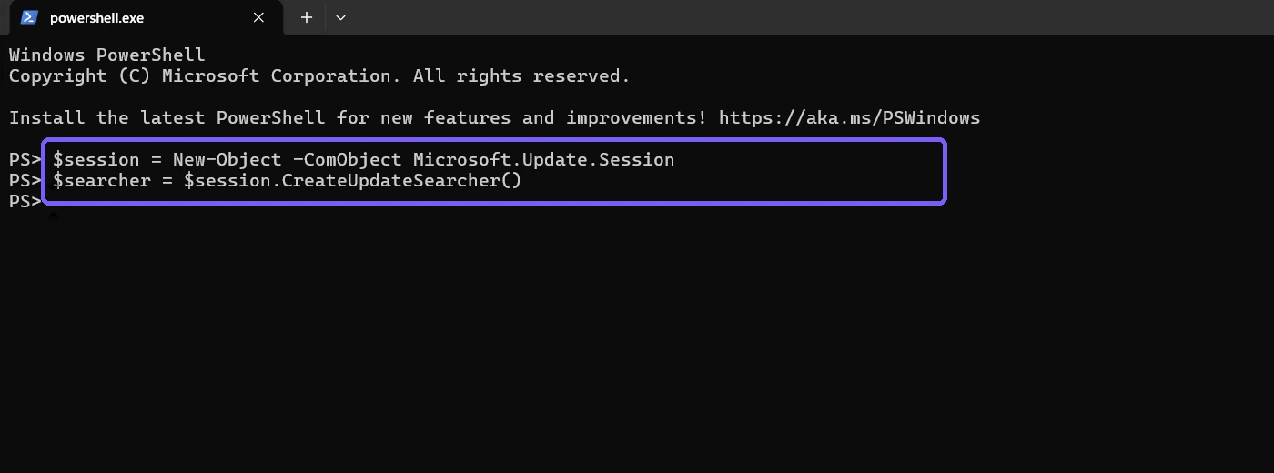 PowerShell showing creation of a local Windows Update searcher