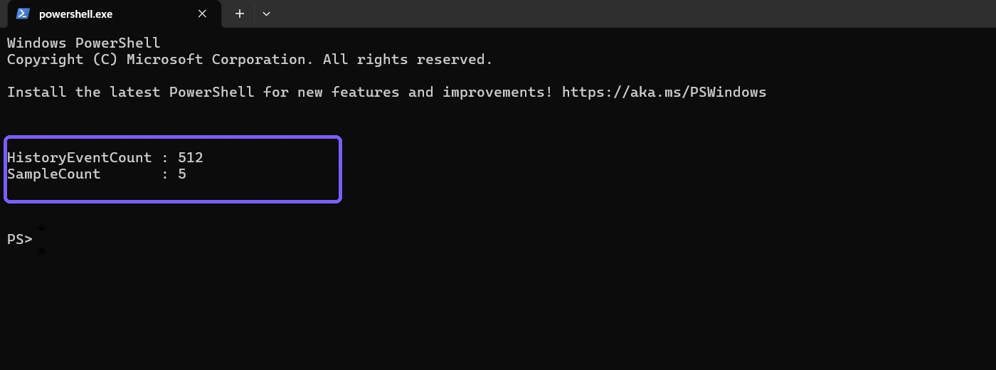 PowerShell result showing the local update history event count and sample size