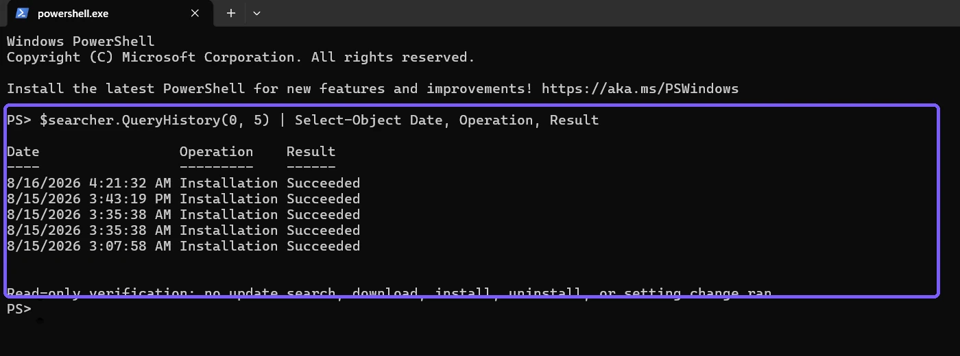 PowerShell table showing recent Windows Update dates, installation operations, and successful results