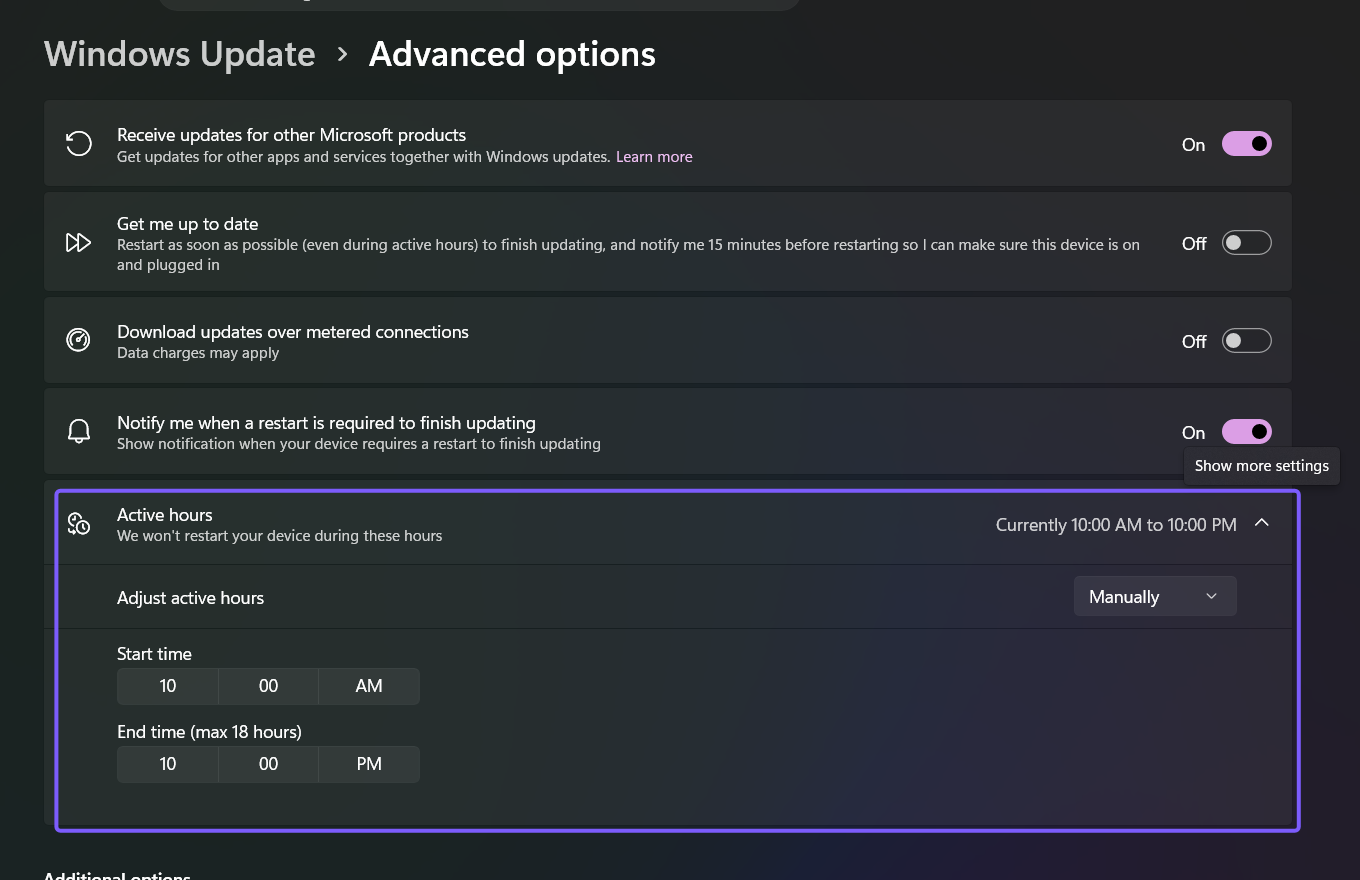 Windows 11 Advanced options page with the expanded Active hours controls outlined in purple
