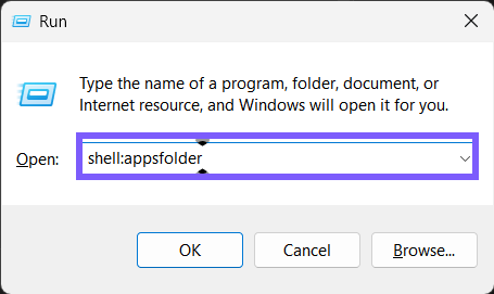 Windows 11 Run dialog with shell colon appsfolder entered and outlined in purple