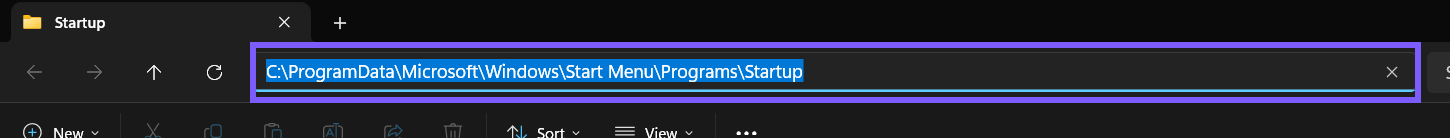 All-users ProgramData Startup folder path outlined in purple in File Explorer